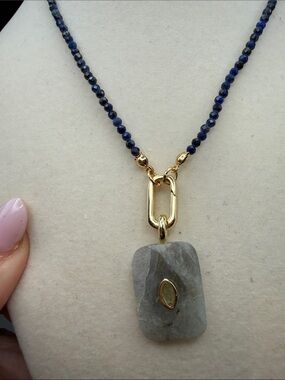 NWT Adina Eden Gold Link Necklace with Blue lapis Beads and Gray Stone Pendant